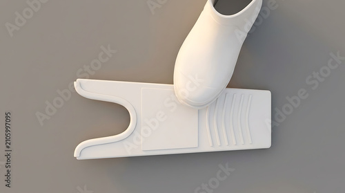 Close Up Overhead View of a White Boot Stepping on a White Boot Jack Tool on a Light Gray Surface