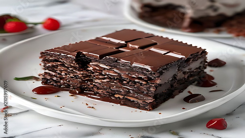Decadent Chocolate Fudge Cake Slice with Rich Ganache Topping and Strawberry Garnish on a White Plate