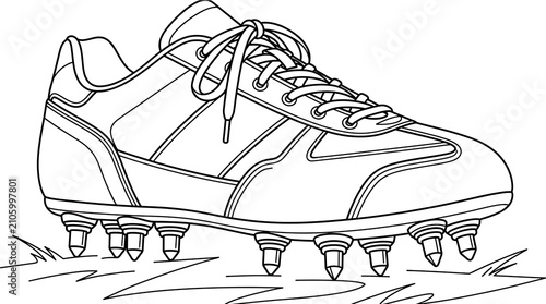 Detailed Illustration of a Soccer Cleat on Grass with Laces and Studs