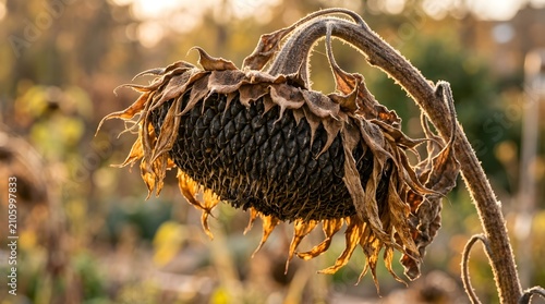 Withered Sunflower Head Featuring Mature Seeds Standing in a Golden Autumn Garden at Sunset