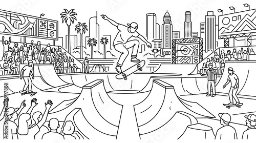 Dynamic Action Shot of a Skateboarder Performing a Trick Mid-Air at a Bustling Outdoor Skatepark Against a City Skyline Backdrop