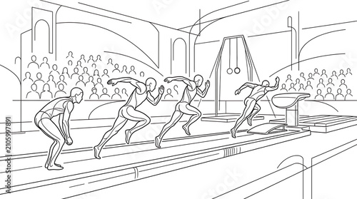 Dynamic Line Art Depicting Runners Sprinting Towards a Finish Line in a Blurred Urban Setting Capturing Motion and Competition