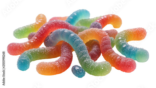 фотографія Isolated vibrant colorful sugar-coated gummy worms piled up, delicious sweet can