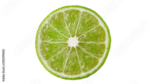 Isolated single fresh juicy lime slice revealing bright green pulp and citrus texture