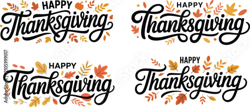 Happy Thanksgiving Hand Drawn Calligraphy Lettering with Autumn Leaves
