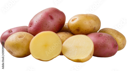 Quadro su tela Isolated fresh raw red and yellow potatoes whole and half-cut revealing creamy g