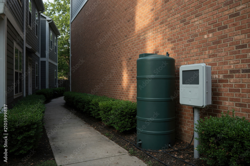 Fototapeta premium Green water tank rainwater storage utility control box brick wall residential building narrow walkway outdoor equipment suburban housing sidewalk path shrubRainwater harvesting residential concept
