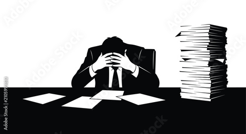Cuadro en lienzo Overwhelmed Businessman with Stacked Papers and Documents in Office Environment