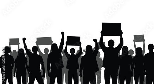 Protest Crowd Silhouette with Raised Signs and Banners in Demonstration Scene.