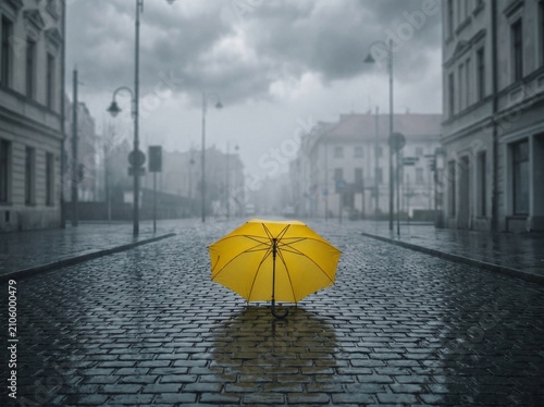 Single yellow umbrella on a wet cobblestone street in the rain