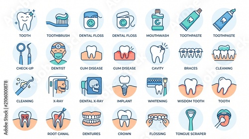 A comprehensive collection of modern flat design icons illustrating various dental health care procedures, tools, and conditions.