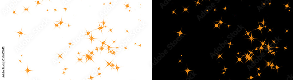 Fototapeta premium Golden star sparkles scattered across a black background on transparent background