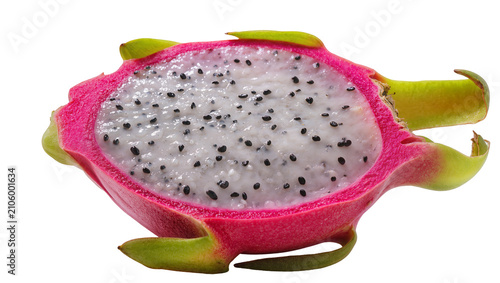 Fotografie Isolated delicious tropical pitahaya fruit cut in half revealing white flesh and