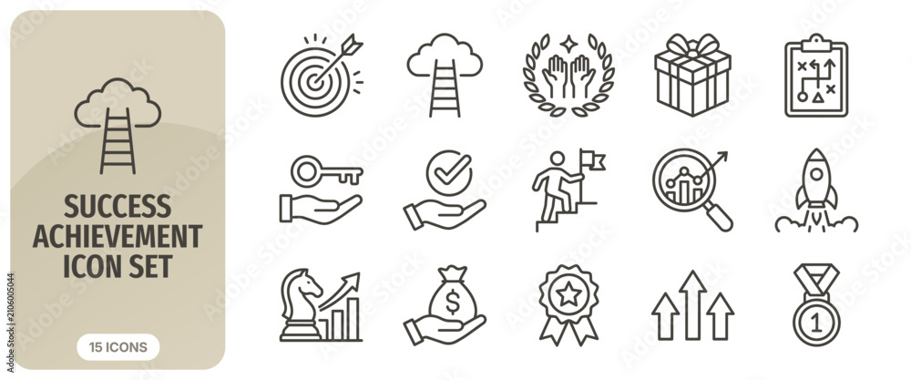 Fototapeta premium Success and achievement icon set, business growth, goal reaching, strategy planning, career development, leadership, and professional success line icons