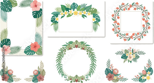 Decorative Floral Frames and Borders with Green Leaves and Colorful Flowers for Graphic Design and Nature Art