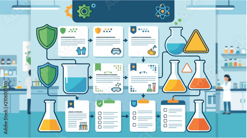 Laboratory Research Action with Scientists, Chemical Flasks, and Data Analysis in Modern Lab Environment, Graphic Illustration, Front View Science Concept