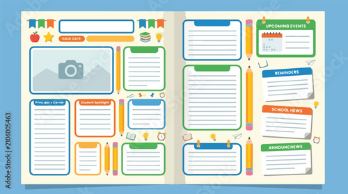 Editable School Yearbook Layout Design with Colorful Frames and Photo Placeholders, Education Theme, Graphic Template, Top View