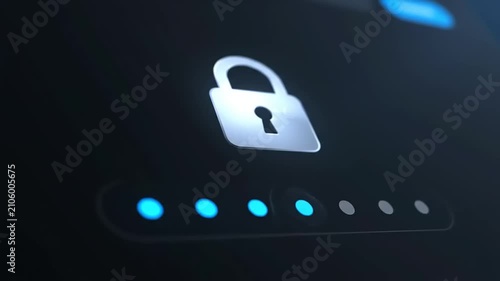Digital security login screen with a glowing padlock icon and password dots representing data protection and cyber safety