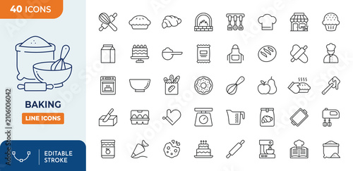 Baking line editable icon set. Containing Cooking, pastry, cake, utensils, oven, recipe, cookware, restaurant, and more. vector illustration