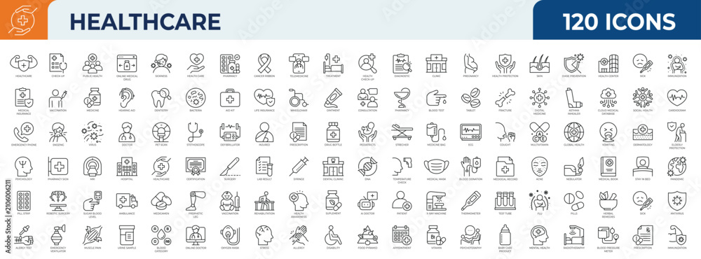 Naklejka premium Set of 120 outline icons related to Health care. Mega collection healthcare icons. Vector illustration 