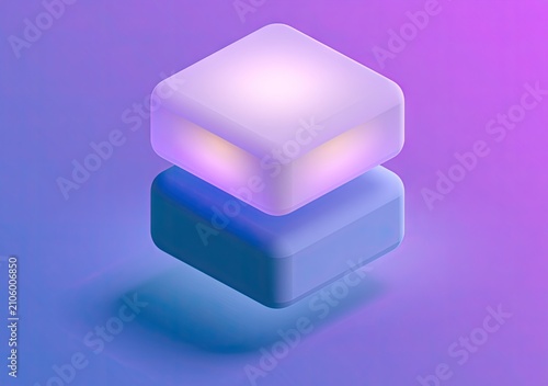 Glowing stacked 3D neon blocks with purple light.