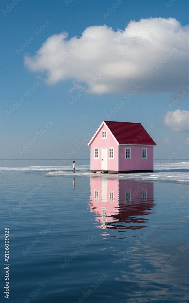 Fototapeta premium Pink house floats on water, reflecting sky and clouds under blue heavens.