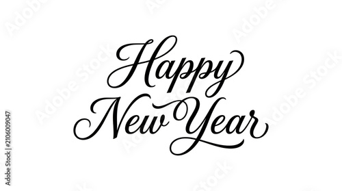 Black cursive happy new year calligraphy lettering isolated on white background with calligraphy, lettering