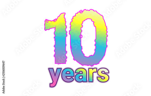 Rainbow gradient ten years typography with colorful outline effect isolated on white background for anniversary projects