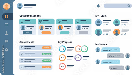 Dashboard Interface Displaying Upcoming Lessons, Assignments, Progress, Tutors, and Messages in E-Learning Platform User View