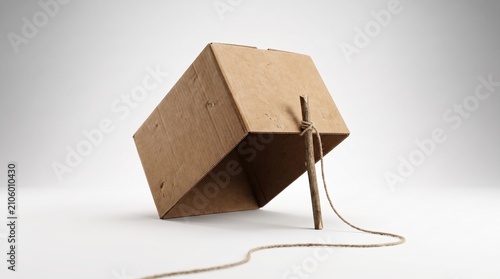 Cardboard box animal trap setup with bait. DIY pest control solution for rodents and small pests.