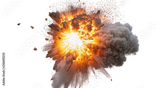 Konstfotografi Isolated powerful explosion with fiery blast, massive dark smoke cloud, and scat