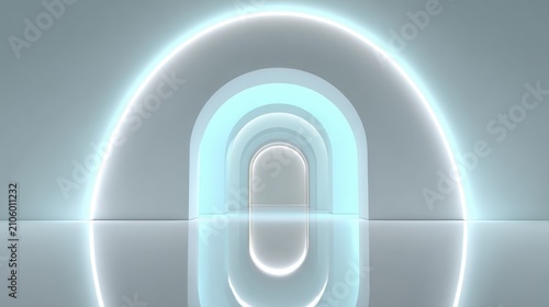 Futuristic Cyan Arch Tunnel with Reflective Floor