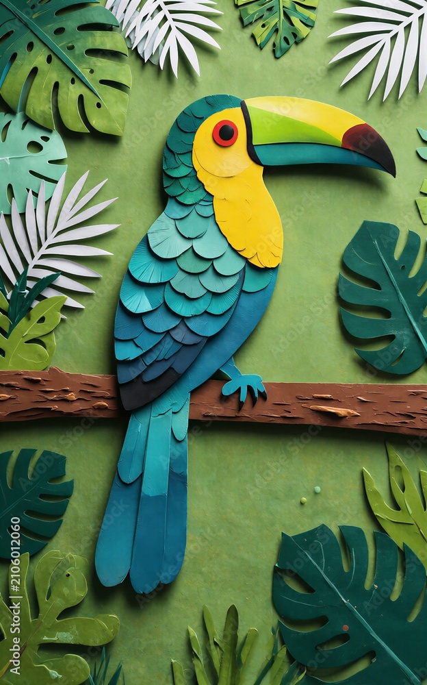 Obraz premium Vibrant toucan perched on branch, surrounded by lush tropical leaves in paper art style.