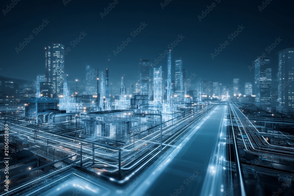 Obraz premium Futuristic cityscape with glowing digital network connections.
