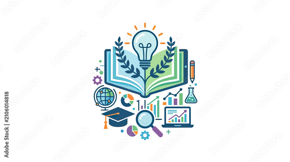 Fototapeta premium Education and Knowledge Concept Icon Set with Book and Lightbulb
