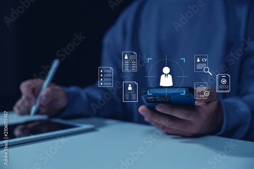 HR professional uses a smartphone recruitment interface for candidate screening and verification, illustrating digital hiring, resume review, talent selection, and workforce management.