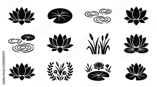 Collection of Black Lotus Flowers and Water Lily Icons.