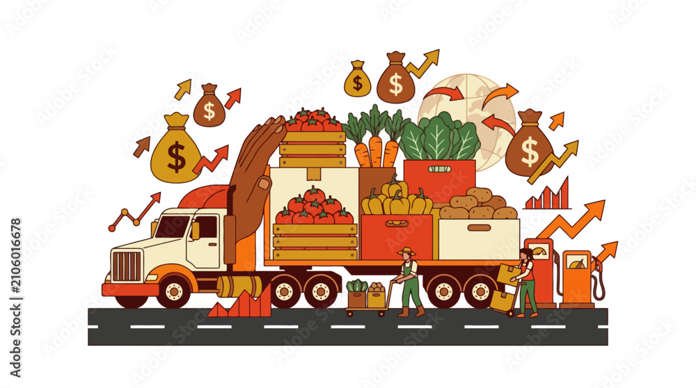 Fototapeta premium Logistics truck transporting fresh produce and money bags representing food inflation and supply chain economy. EPS Editable