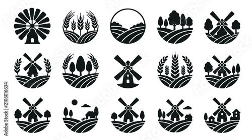 Collection of Circular Farm and Mill Icons.