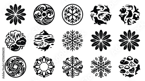 Bild auf Leinwand Collection of Circular Icons Featuring Arctic Wildlife and Snowflakes