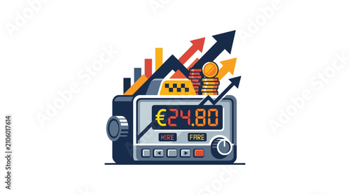 Taxi taximeter showing euro fare with rising financial growth arrows and bar charts illustration. EPS Editable