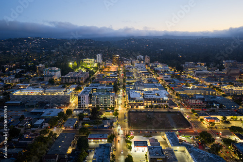 San Mateo California - Aerial Shot of Downtown San Mateo at Night Looking down 4th St Facing West