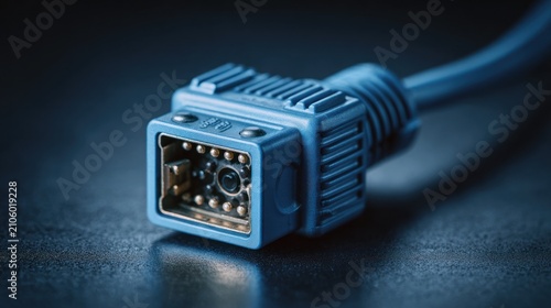 Close up of a blue electronic connector