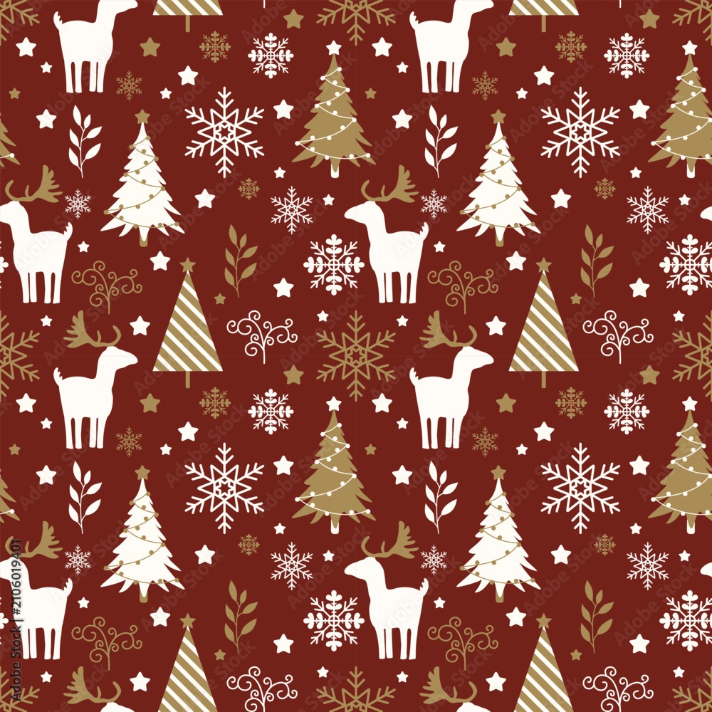 Fototapeta premium seamless pattern with christmas set of background with christmas tree, reindeer, and snow