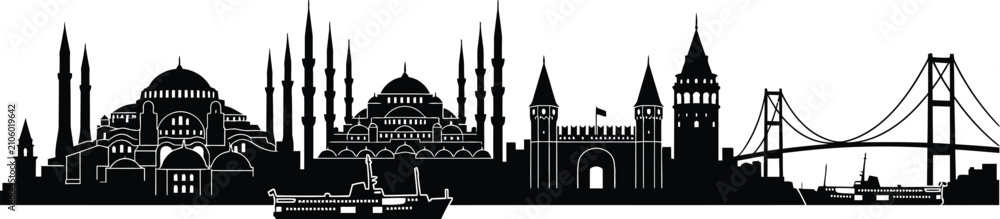 Fototapeta premium Istanbul city skyline silhouette with historic mosques and bosphorus bridge
