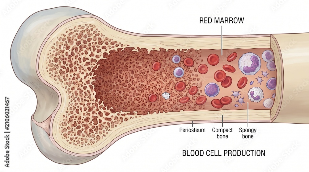 Fototapeta premium Bone Marrow Cross-section: Detailed illustration showcasing the internal structure of a long bone, highlighting red marrow and the process of blood cell production.