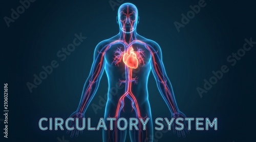 Circulatory System: A 3D medical illustration showcasing the human circulatory system, with a glowing red heart at its center and blood vessels extending throughout the body.