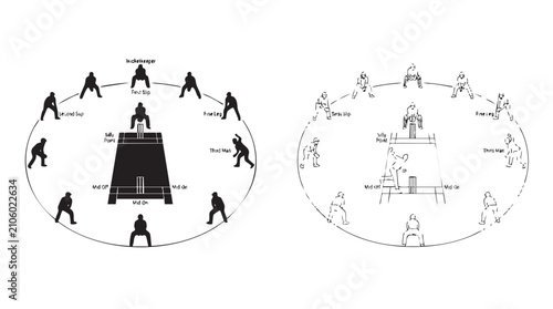 Fotografie cricket field positions vector silhouette with line art pair icon