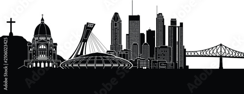 Montreal skyline silhouette vector illustration with montreal, silhouette