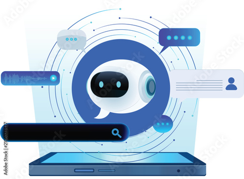 Chatbot technology and futuristic virtual assistant (transparent background) for customer service; with command bar. Futuristic smart search automation, AI chatbot, and digital business. Smartphone